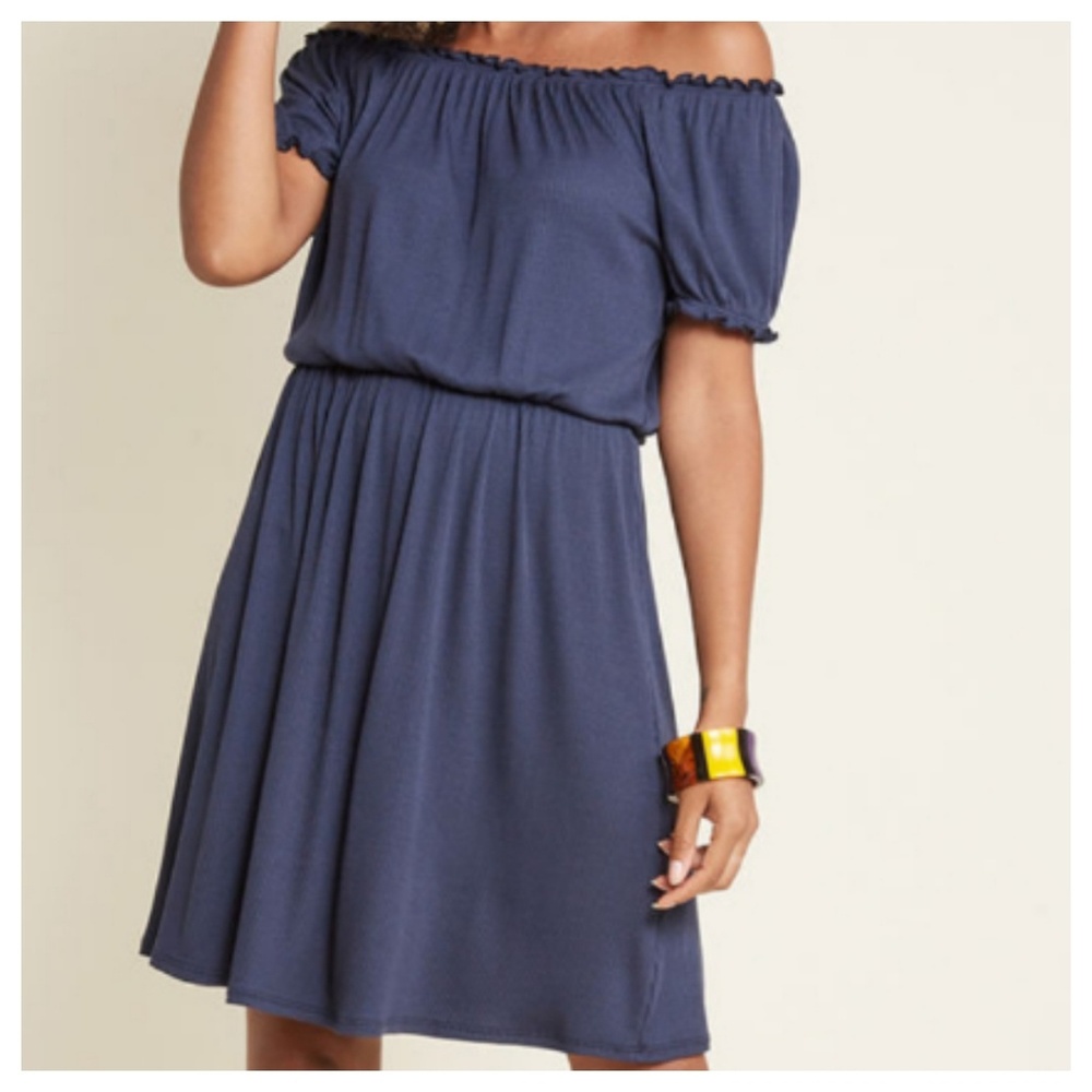 Navy Off Shoulder Knit Dress - Picture 2 of 3